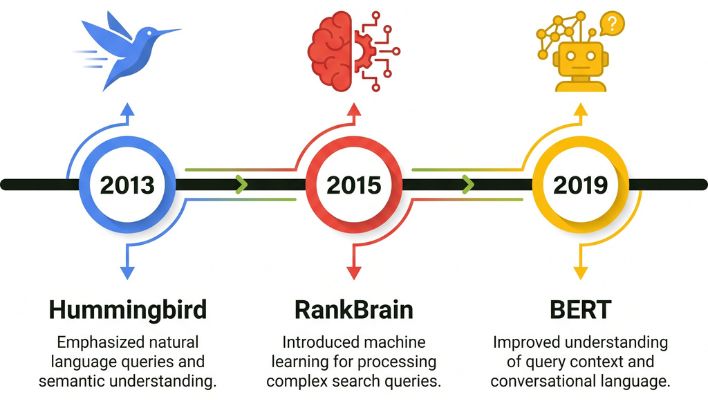 Timeline of Google algorithm updates - Hummingbird in 2013, RankBrain in 2015, and BERT in 2019 for semantic search understanding