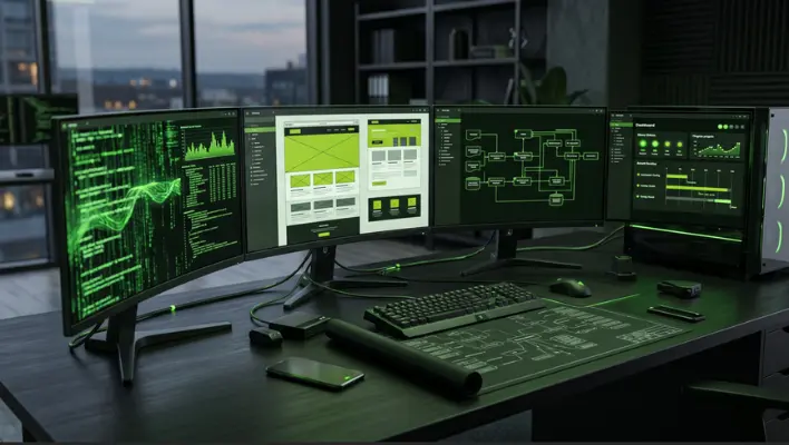 Multi-monitor workspace displaying AI wireframing tools, a code editor, and a performance testing dashboard.