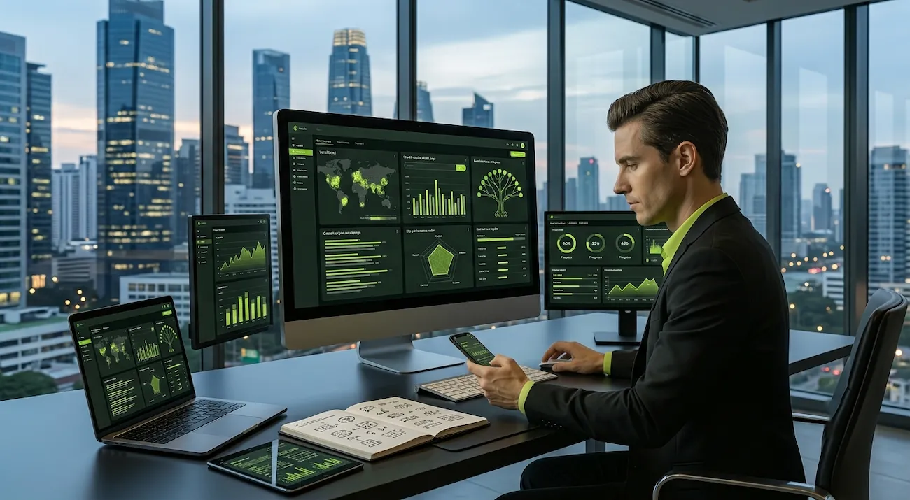 A corporate attorney analyzing law firm website traffic and organic search data on multiple monitor dashboards in a modern high-rise office.