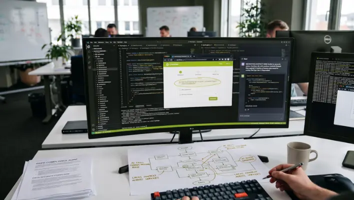 Web developer in an office troubleshooting custom business logic and AI context loss using a monitor and a paper flowchart.