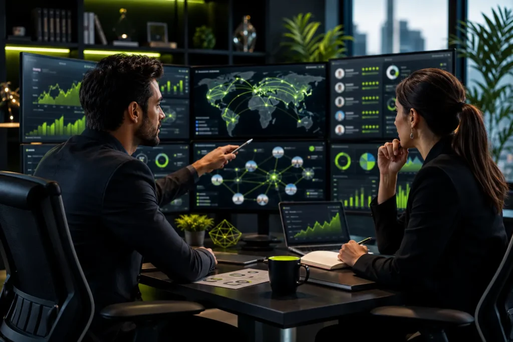 Marketing professionals collaborating on digital PR, SEO outreach, backlink building, and brand authority growth using modern analytics tools.