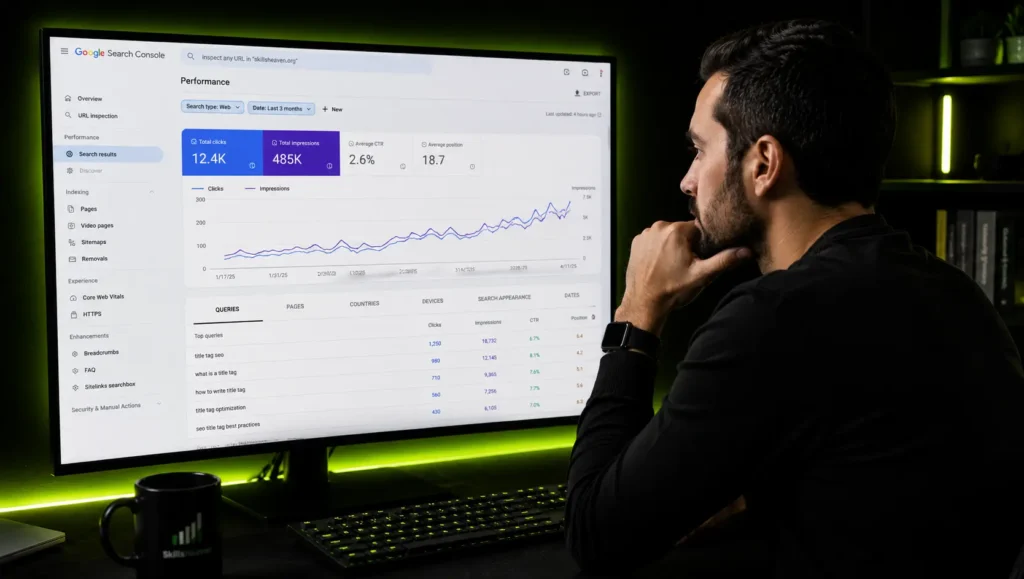 Digital marketer analyzing Google Search Console performance data with CTR, impressions, and organic traffic trends on a desktop monitor.