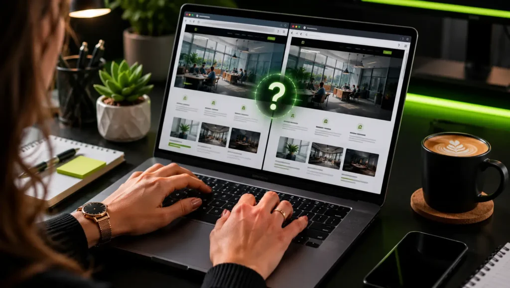 Digital marketer analyzing duplicate webpage layouts on an ultrawide monitor to identify duplicate content issues.