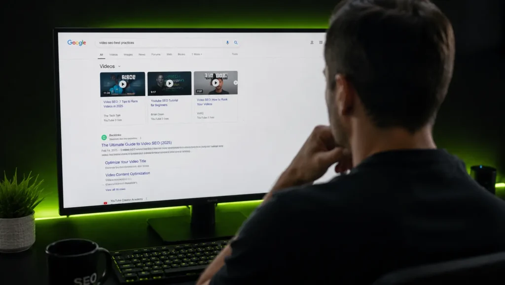 Digital marketer viewing Google search results with a video carousel on a desktop monitor in a modern SEO workspace.