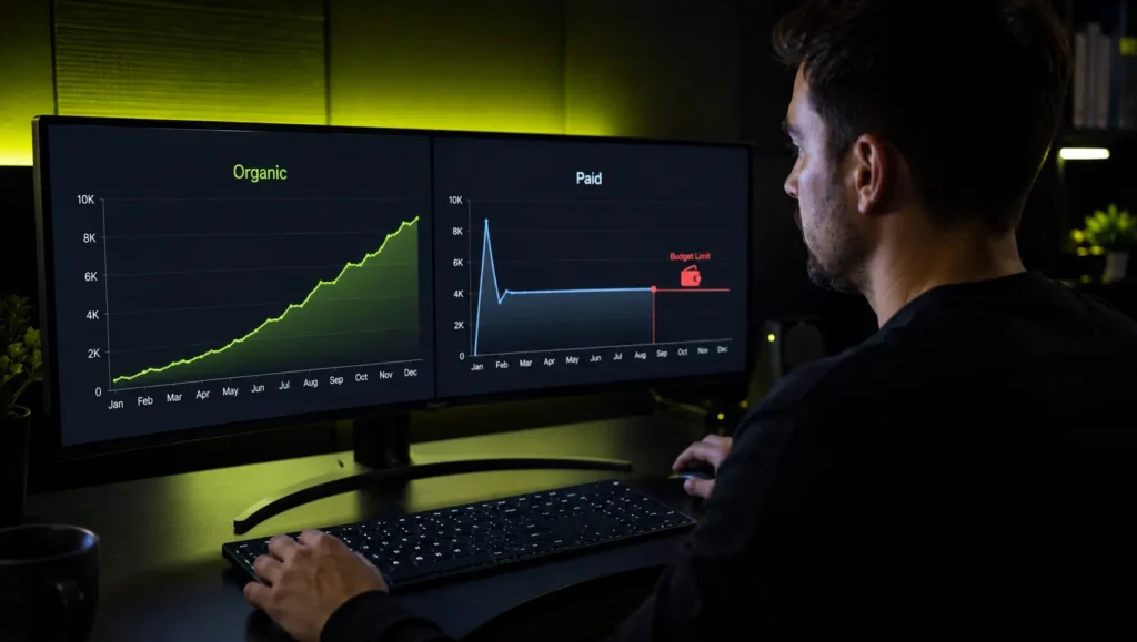 Digital marketing analyst comparing organic SEO traffic growth and paid search performance on an ultrawide monitor.