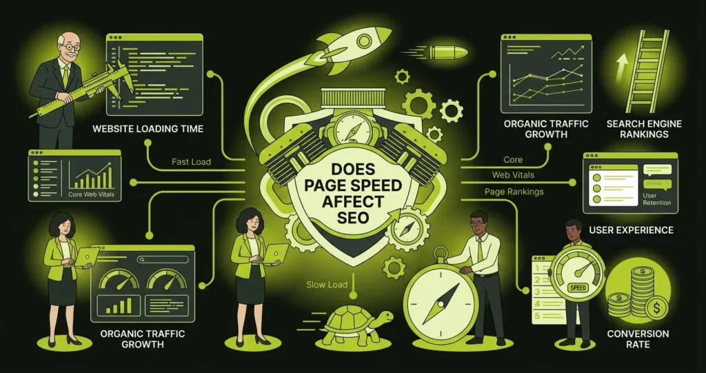 Modern illustration showing website speed optimization with loading indicators, performance metrics, and search rankings.