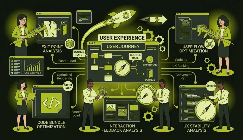 Illustration showing how slow page speed increases bounce rates and impacts user experience.