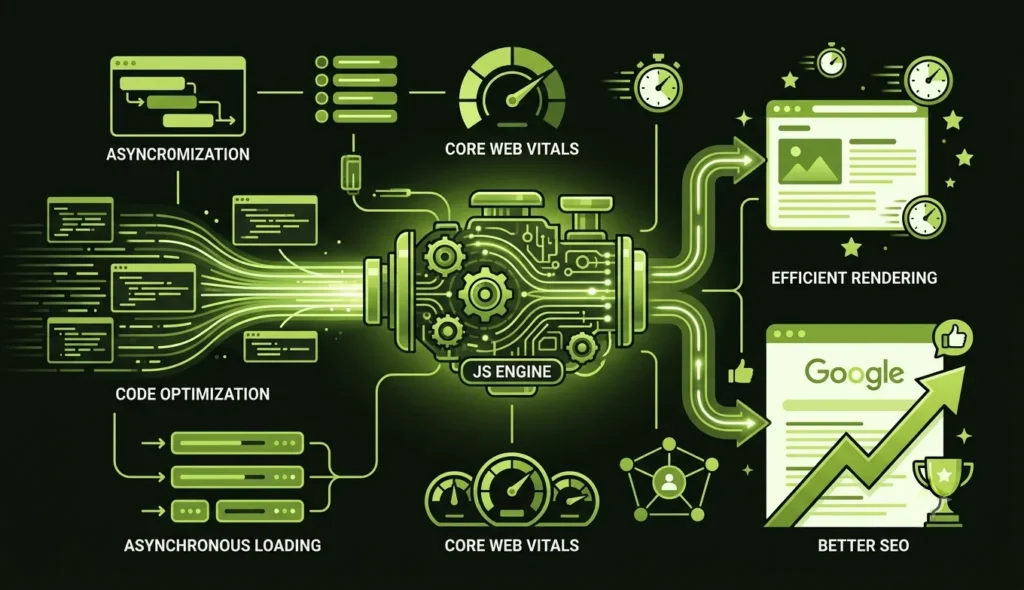 Illustration of JavaScript execution affecting website rendering speed and page performance.