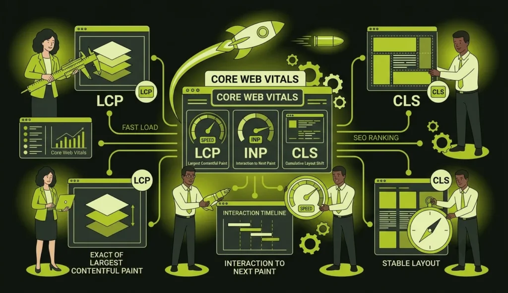 Illustration explaining Core Web Vitals metrics including Largest Contentful Paint, Interaction to Next Paint, and Cumulative Layout Shift.