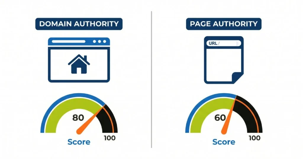 Diagram comparing domain authority and page authority, showing domain authority score of 85 for an entire site and page authority score of 50 for a single URL