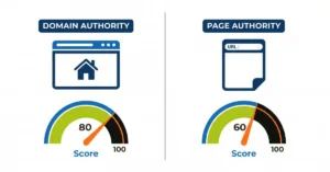 Diagram comparing domain authority and page authority, showing domain authority score of 85 for an entire site and page authority score of 50 for a single URL