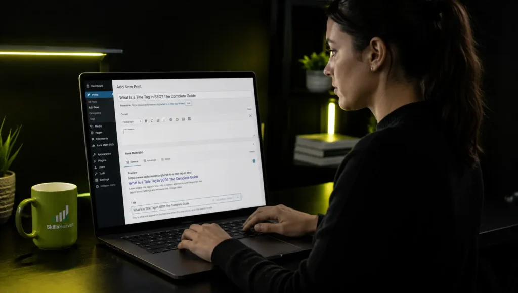 Female SEO content strategist optimizing a title tag in the WordPress editor on a laptop in a modern digital marketing workspace.