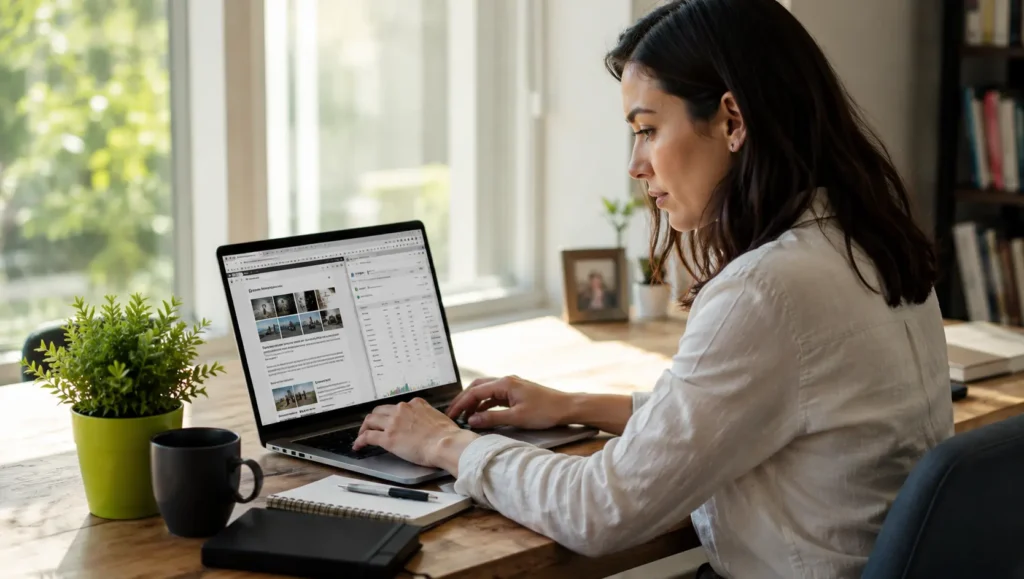 Female SEO copywriter researching competitor content and keywords while writing an optimized article on a laptop.