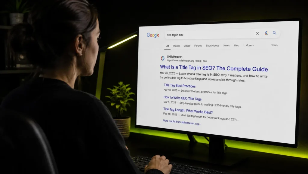 Female SEO professional analyzing a Google search result with an optimized title tag displayed on a desktop monitor.