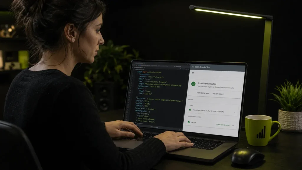 Female SEO specialist implementing structured data markup and validating schema using Google's Rich Results Test tool.