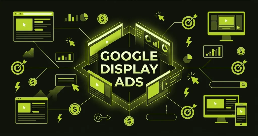 Modern illustration of Google Display Ads with banner ads, audience targeting, and campaign analytics.