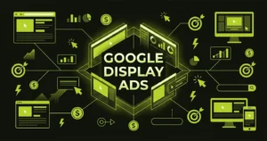 Modern illustration of Google Display Ads with banner ads, audience targeting, and campaign analytics.