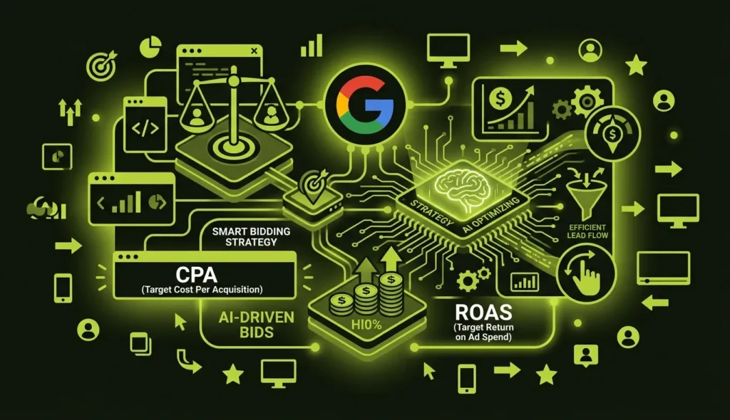 Illustration showing automated bidding strategies focused on target CPA and ROAS optimization.