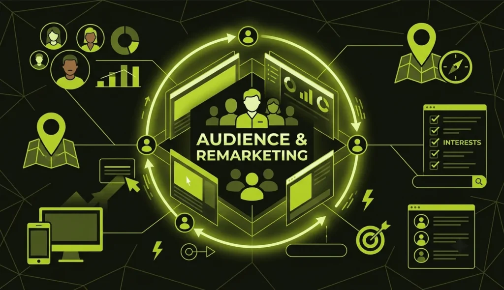 Illustration showing audience segmentation and remarketing campaigns for Google Display Ads.