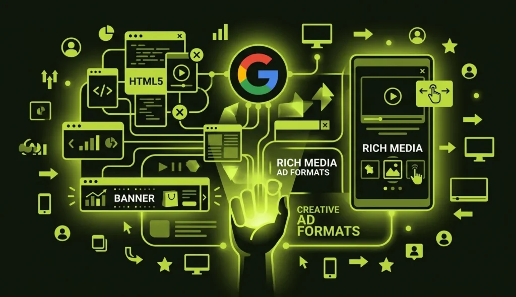 Illustration displaying banner ads, HTML5 ads, and rich media advertising formats.