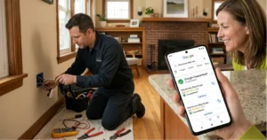 A close-up of a woman holding a smartphone displaying Google local services ads results while an electrician works on a wall outlet in the background.