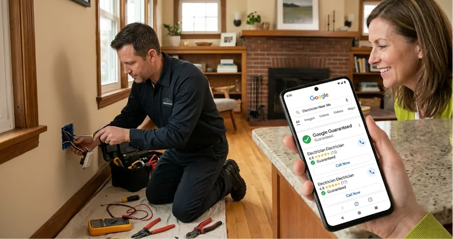A close-up of a woman holding a smartphone displaying Google local services ads results while an electrician works on a wall outlet in the background.