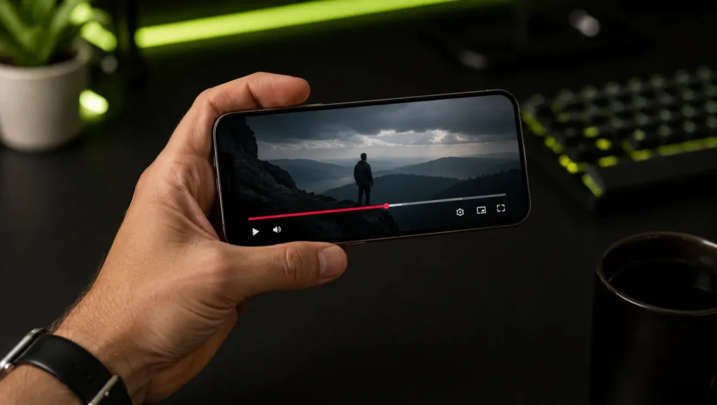 Hand holding a smartphone playing a video in a modern workspace with dark desk and green ambient lighting.