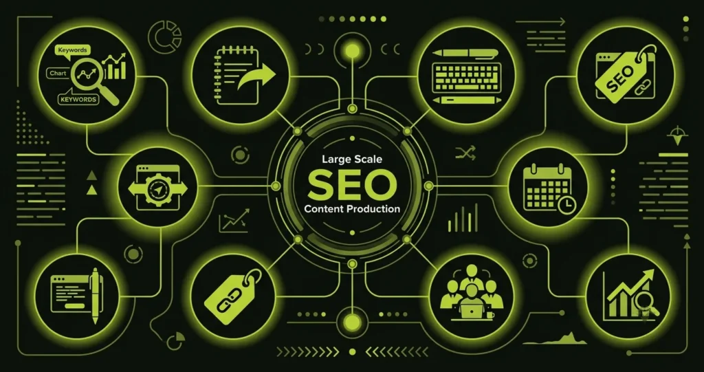 Modern illustration showing a coordinated SEO content production workflow with teams, content planning, publishing, and analytics.