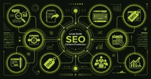 Modern illustration showing a coordinated SEO content production workflow with teams, content planning, publishing, and analytics.
