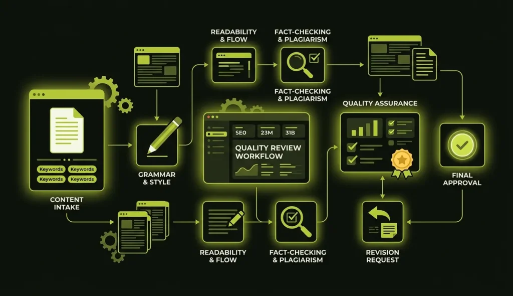 Illustration showing content editing, proofreading, SEO review, and final approval before publishing.
