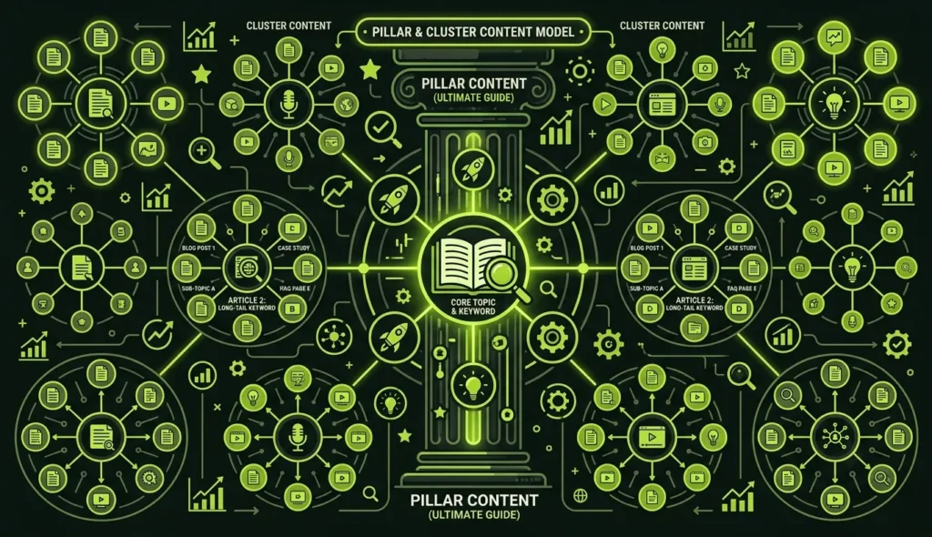 Diagram illustrating a pillar page connected to multiple supporting cluster articles for SEO.