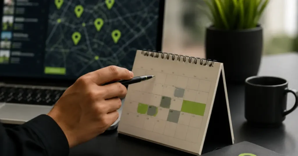 Local SEO planning with calendar and map