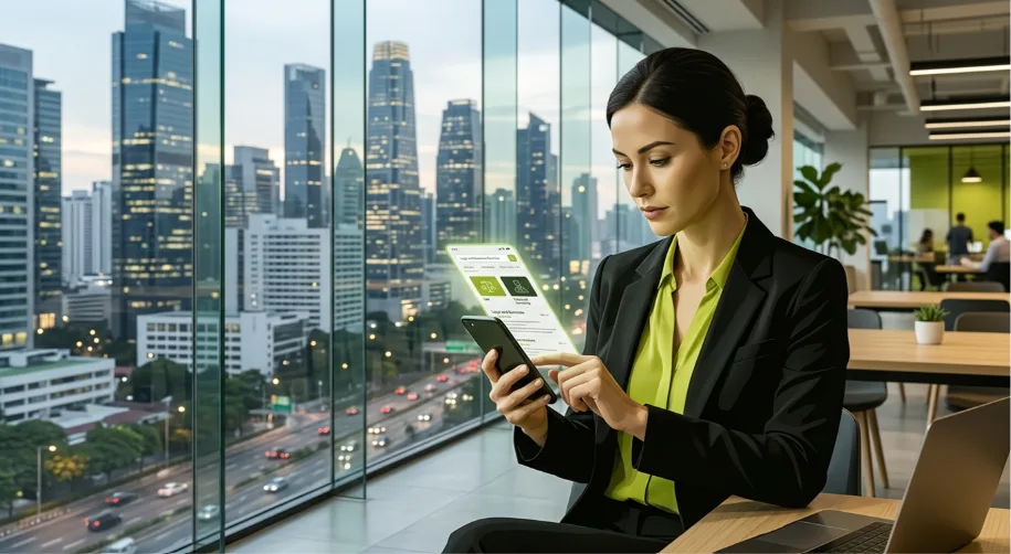 Corporate and business attorneys using digital SEO marketing tools on a smartphone in a modern high-rise office to optimize legal website traffic.