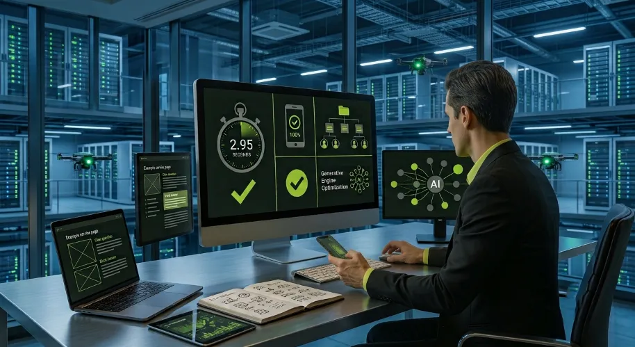 A male technical professional sitting at a desk analyzing website speed and AI performance dashboards for corporate and business attorneys inside a modern server room data center.