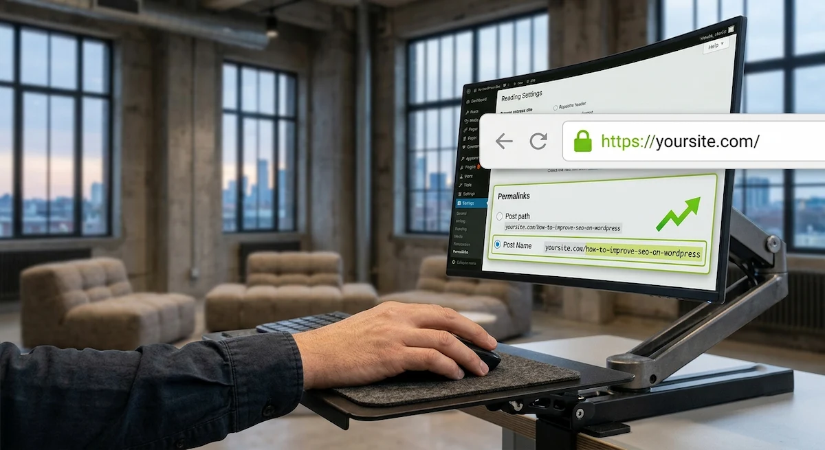 A web developer configuring SEO-friendly URL permalinks and HTTPS security settings in the WordPress dashboard dashboard