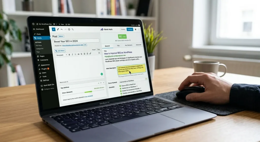 A user optimizing a blog post on the WordPress Gutenberg editor using the Rank Math SEO plugin dashboard on a MacBook Air