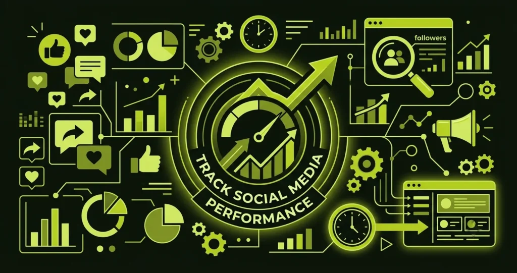 Modern illustration of social media analytics dashboards tracking engagement, reach, and campaign performance.