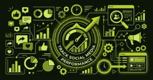 Modern illustration of social media analytics dashboards tracking engagement, reach, and campaign performance.
