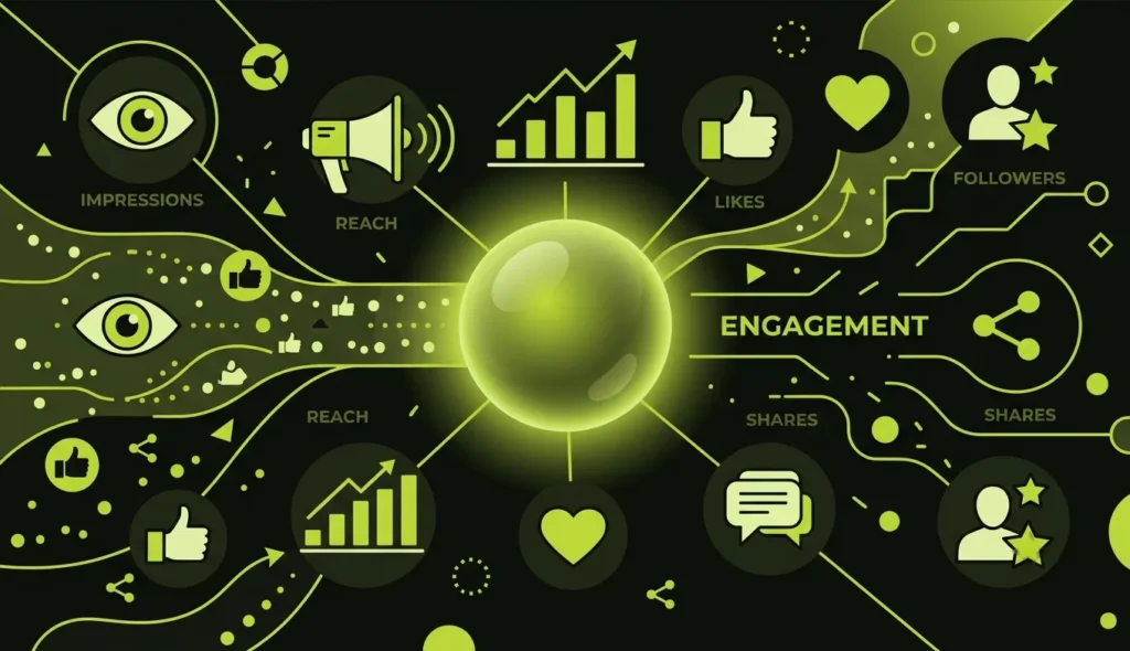 Illustration showing social media reach, impressions, likes, comments, shares, and engagement metrics.