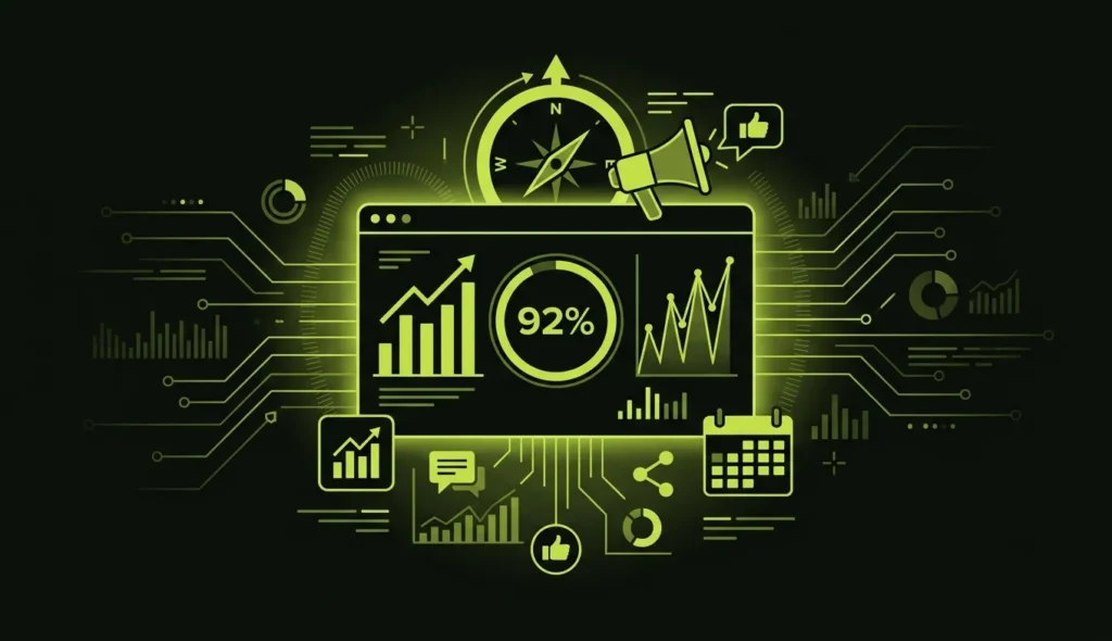 Illustration of social media dashboards displaying analytics, scheduling, and performance reports.