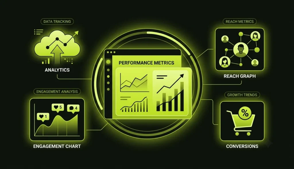 Illustration showing marketing ROI calculations using conversions, revenue, and social media analytics.