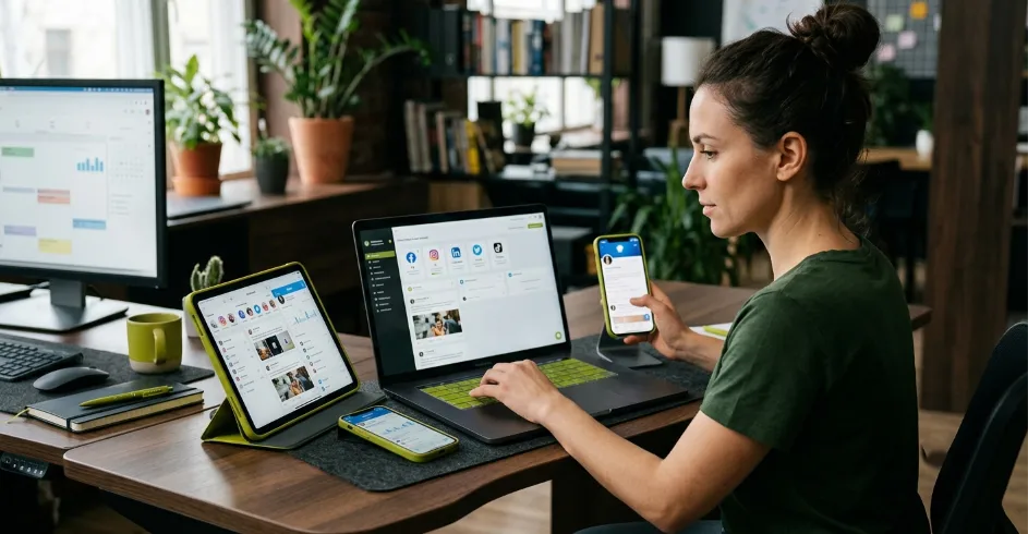 A female social media manager at her desk as she manages multiple social media accounts simultaneously using a laptop dashboard, tablet, and smartphone.
