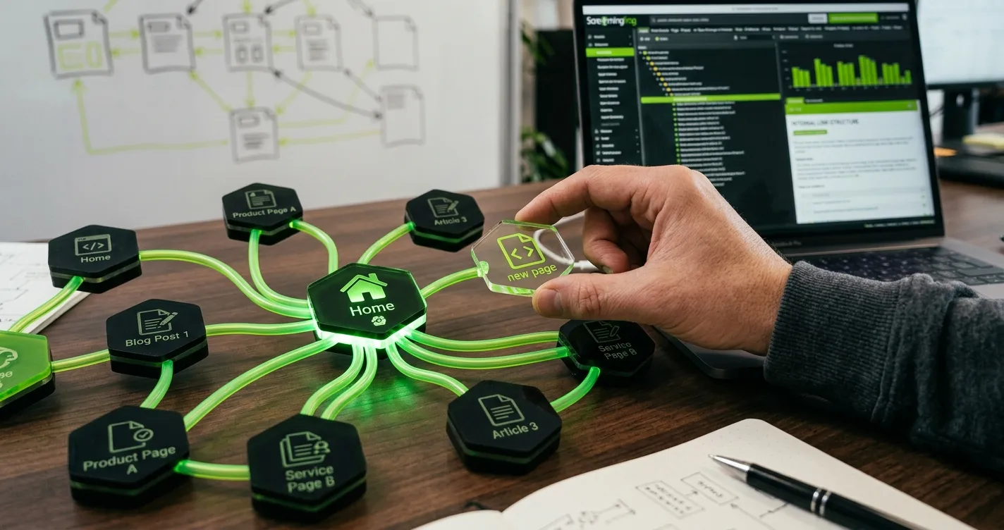 A close-up of a person's hand adjusting a glowing green node network model on a desk to visualize internal links per page SEO distribution and site hierarchy.