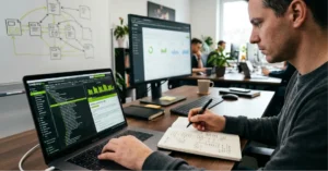 A side view of an SEO professional writing in a notebook while evaluating internal links per page SEO data on his laptop and dual monitors