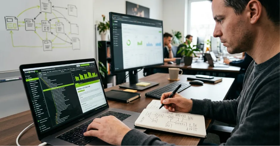 A side view of an SEO professional writing in a notebook while evaluating internal links per page SEO data on his laptop and dual monitors