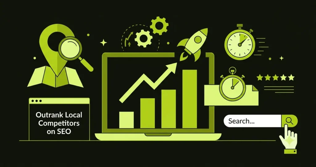 Modern illustration of local SEO strategy featuring maps, search rankings, business listings, and location pins.