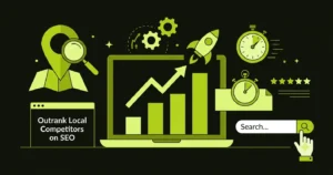 Modern illustration of local SEO strategy featuring maps, search rankings, business listings, and location pins.