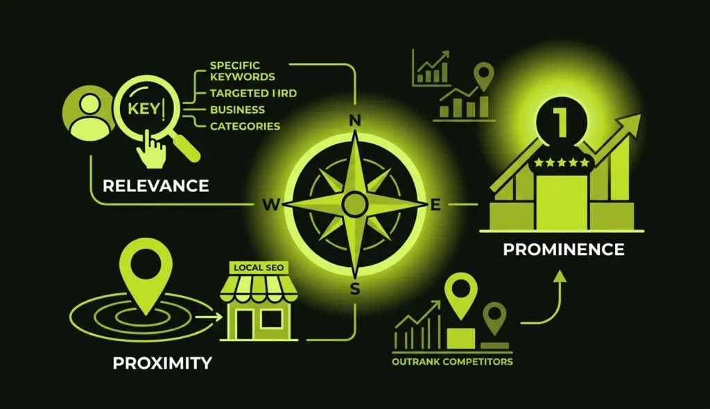 Illustration explaining the three main local SEO ranking factors: relevance, proximity, and prominence.