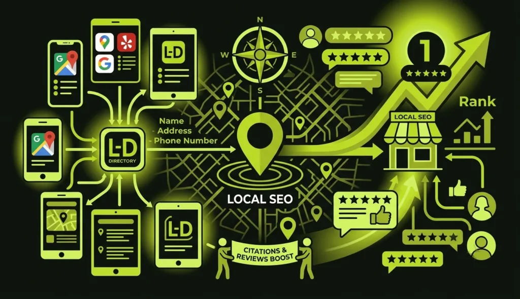 Illustration of local business citations and positive customer reviews improving local SEO rankings.