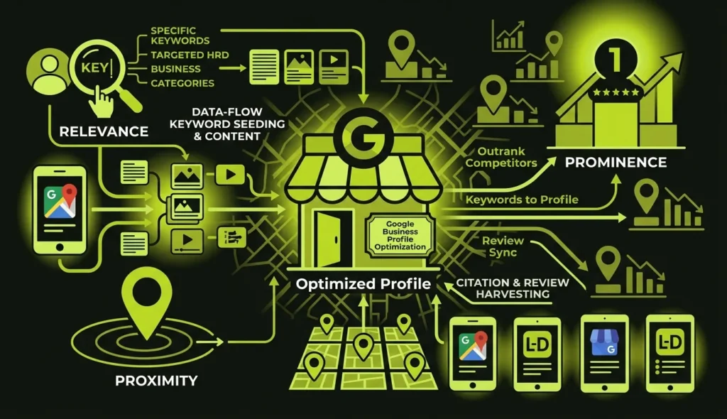 Illustration showing an optimized Google Business Profile with reviews, business information, and map visibility.